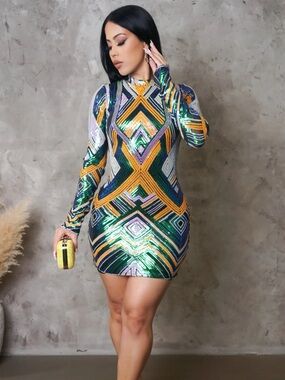 Magnolia Multicolor Sequin Geo Mini Dress in Green, Gold & Purple